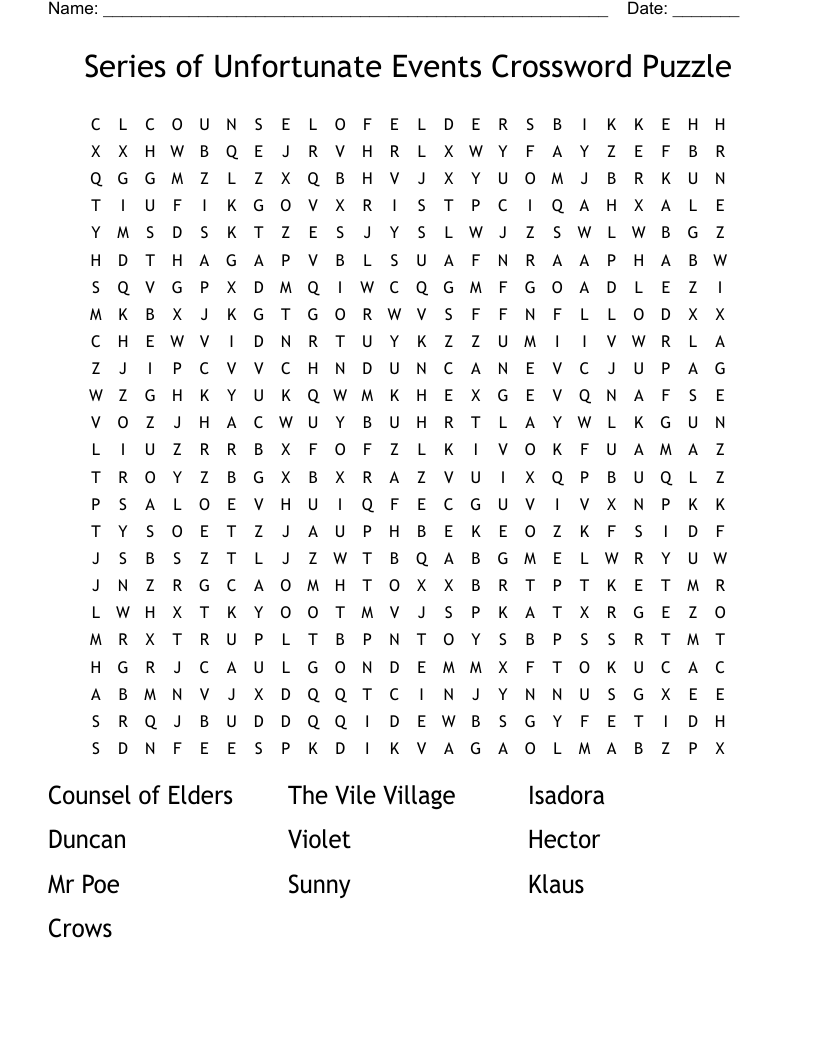 Series Of Unfortunate Events Crossword Puzzle Word Search WordMint
