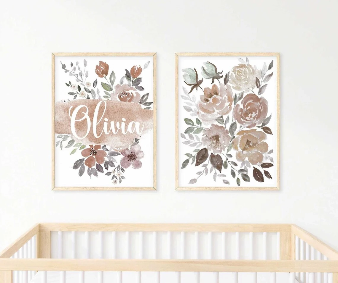 Set Of 2 Brown Floral Art Printable Lilac Custom Name Sign For Nurser DiviArts Studio