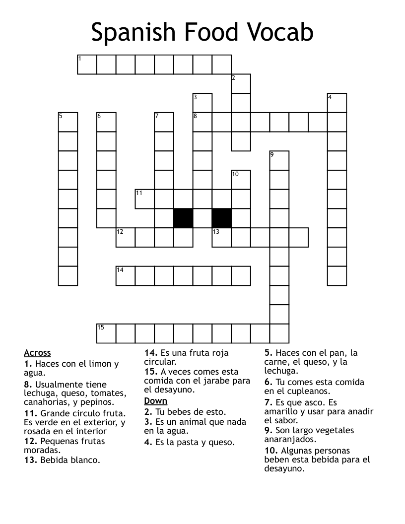 Spanish Food Vocab Crossword WordMint Spanish Food Vocab Crossword WordMint