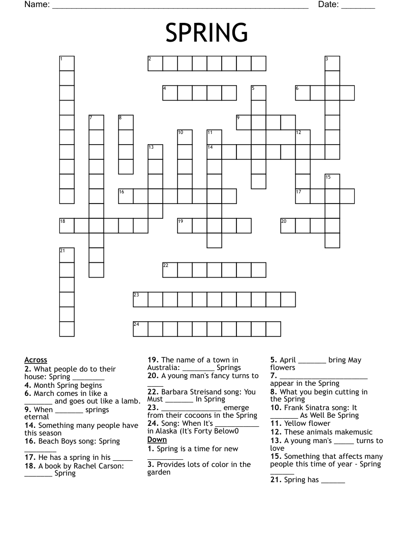 Spring Crossword Puzzle Printable Pdf Free