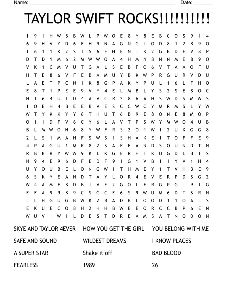 Taylor Swift Crossword Puzzles