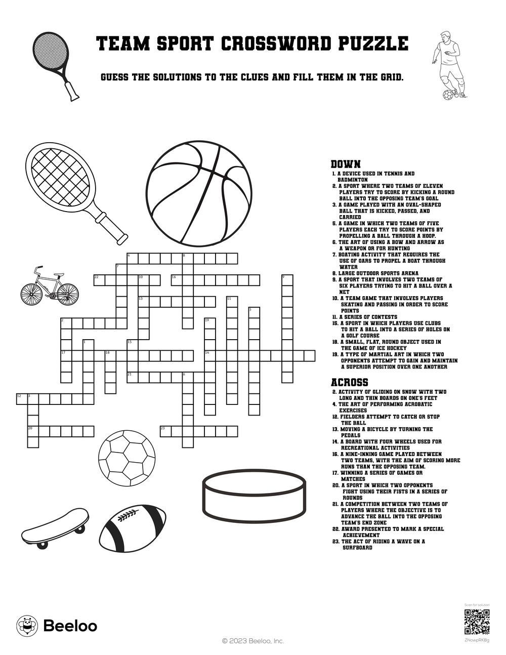Team Sport Crossword Puzzle Beeloo Printable Crafts And Activities For Kids