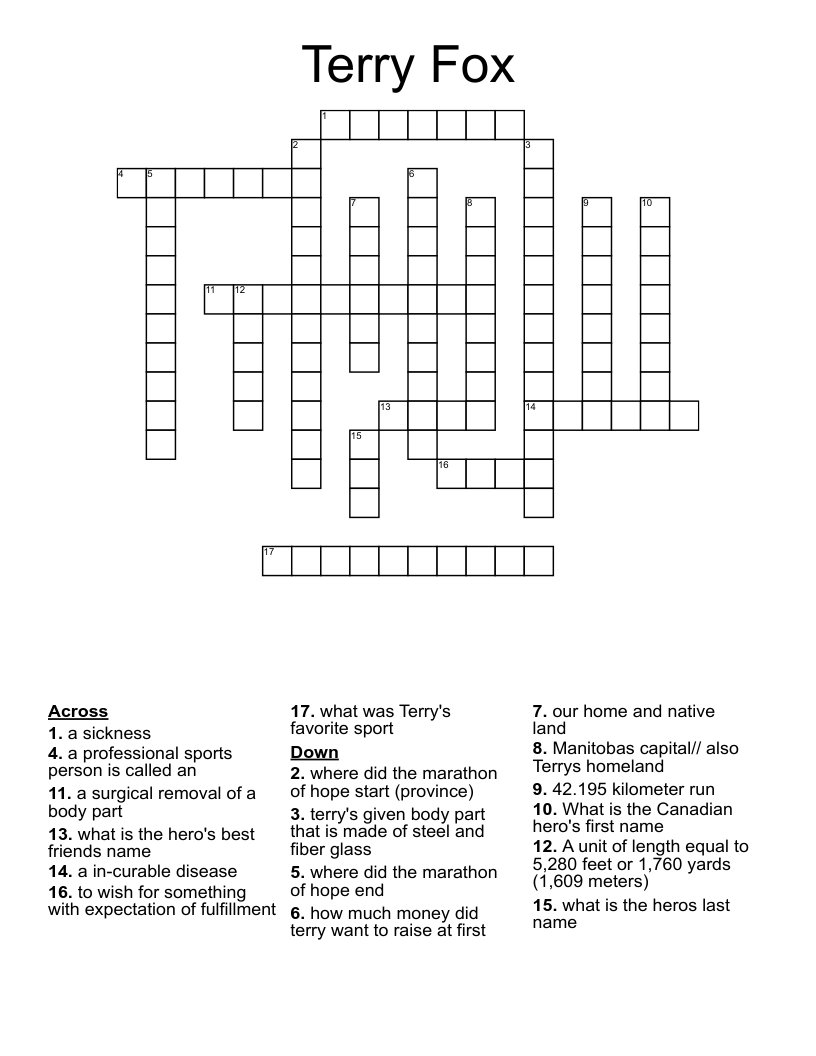 Terry Fox Crossword WordMint Terry Fox Crossword WordMint