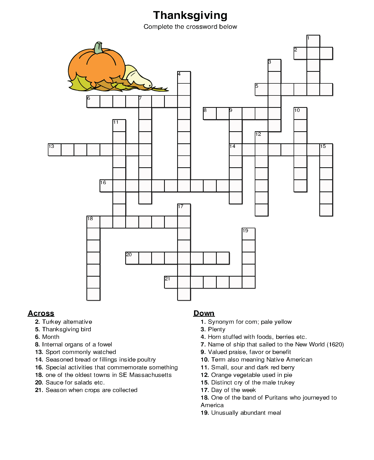 Crossword Puzzles For Thanksgiving Printable Crossword Puzzles For Thanksgiving Printable