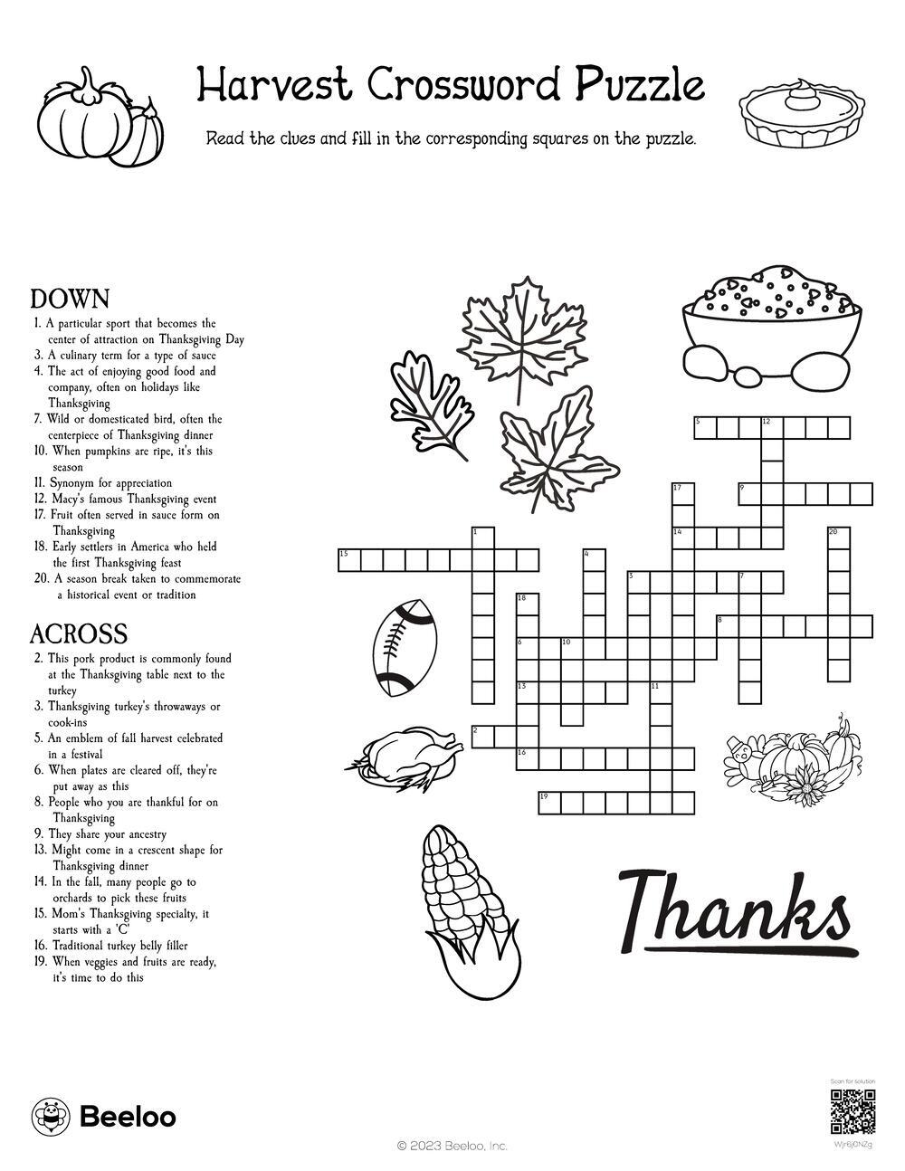 Thanksgiving themed Crossword Puzzles Beeloo Printable Crafts And Activities For Kids