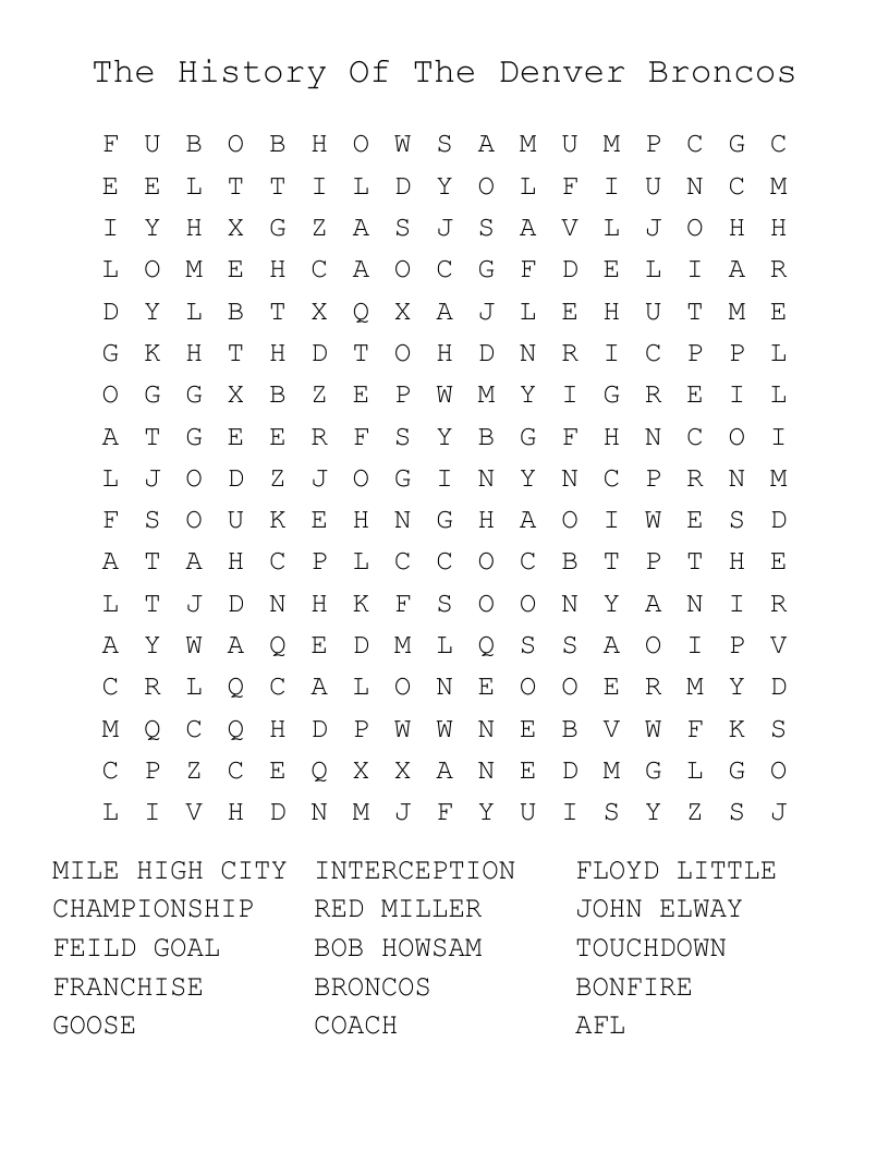 The History Of The Denver Broncos Word Search WordMint The History Of The Denver Broncos Word Search WordMint