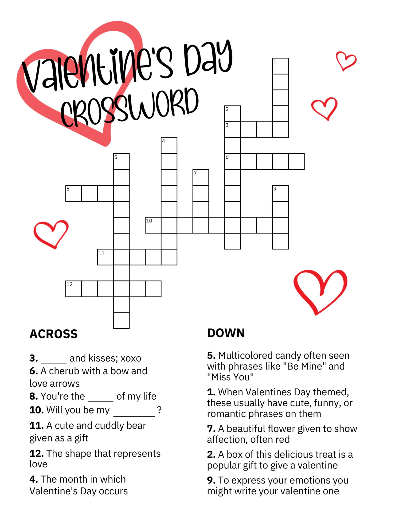 Valentine s Day Crossword With Answer Key Printable Valentine s Day Crossword Valentine s Day Activities For Kids Printable Games