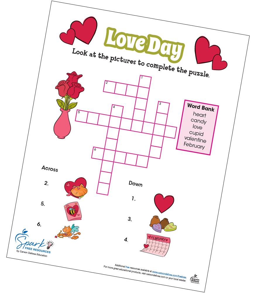 Valentine s Day Love Day Crossword Puzzle Free Printable Carson Dellosa