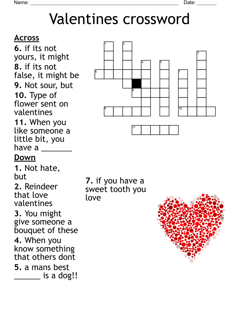 Valentines Crossword Printable Valentines Crossword Printable