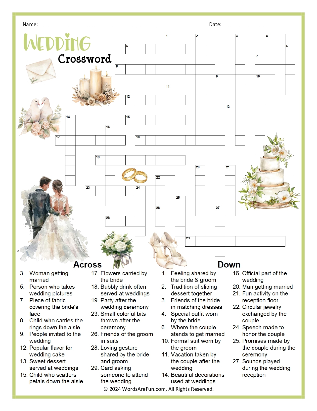 Free Printable Bridal Shower Crossword Puzzle